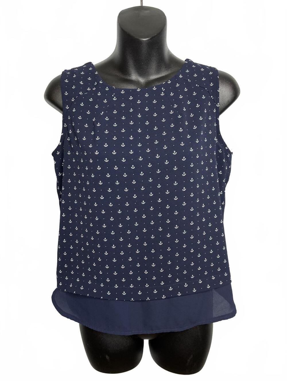 Navy Blue Sleeveless Nautical Blouse with Anchor Print